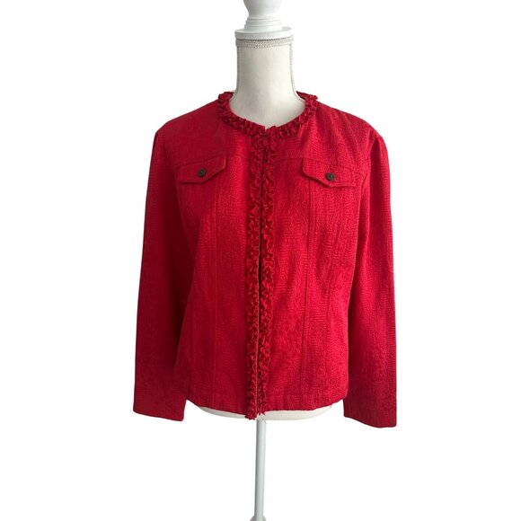 RUBY RD Red Brocade Cotton Blend Jacket Blazer Size 14 - Picture 4 of 7